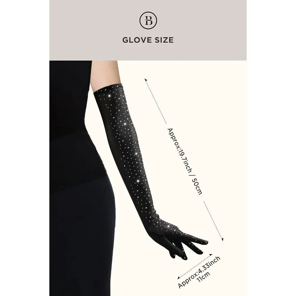 Women's Rhinestone Black Sparkly Elbow Length Mesh Long Gloves Party Accessory